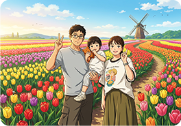 家族写真の背景をチューリップ畑に変更